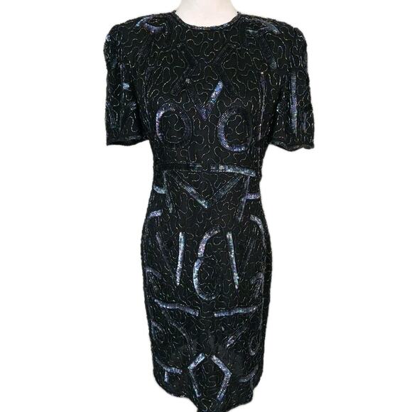 Vtg 80s Lawrence Kazar Silk Glam Sequin Embellished Evening Sheath Dress Sz L - Picture 1 of 16